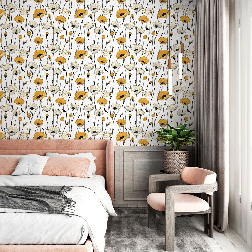 Yellow Poppy Wallpaper | Black Stem Wall Mural