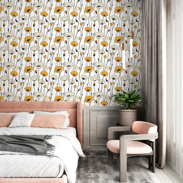 Yellow Poppy Wallpaper | Black Stem Wall Mural