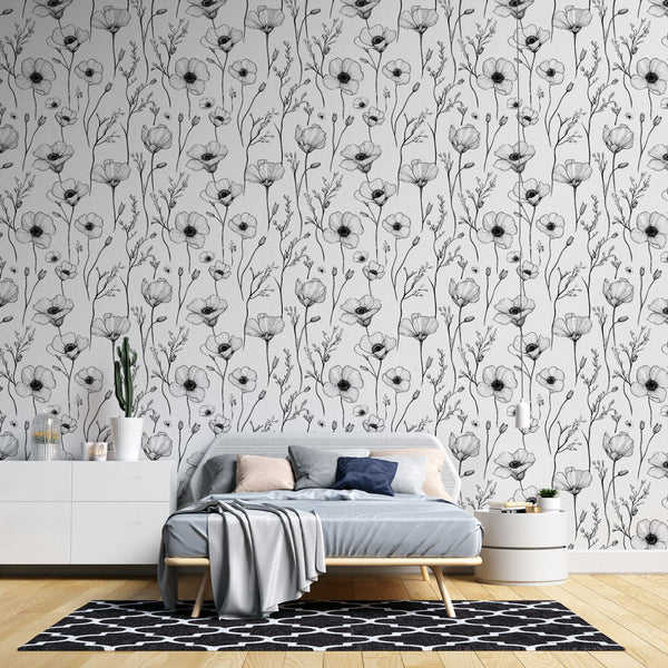 Hand-Drawn Floral Wallpaper | Black & White Wall Mural