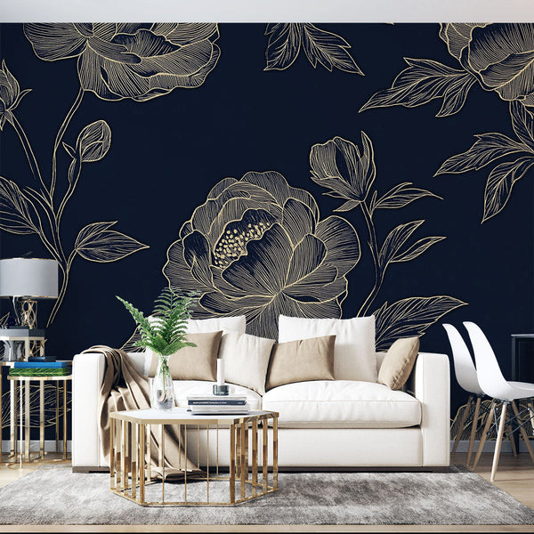 Golden Peony Wallpaper | Navy Blue Wall Mural