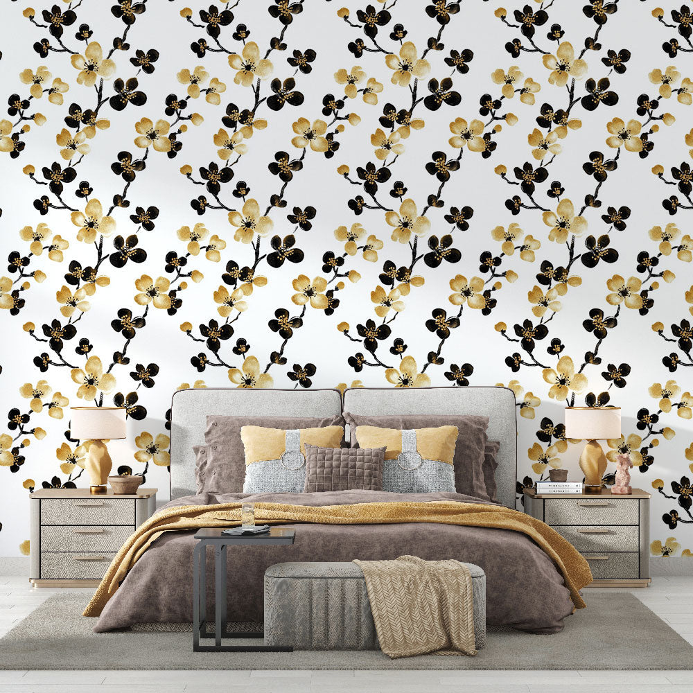 Gold & Black Flowers Wallpaper | White Background Mural