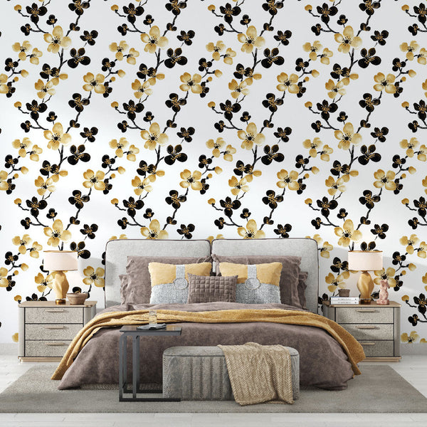 Gold & Black Flowers Wallpaper | White Background Mural