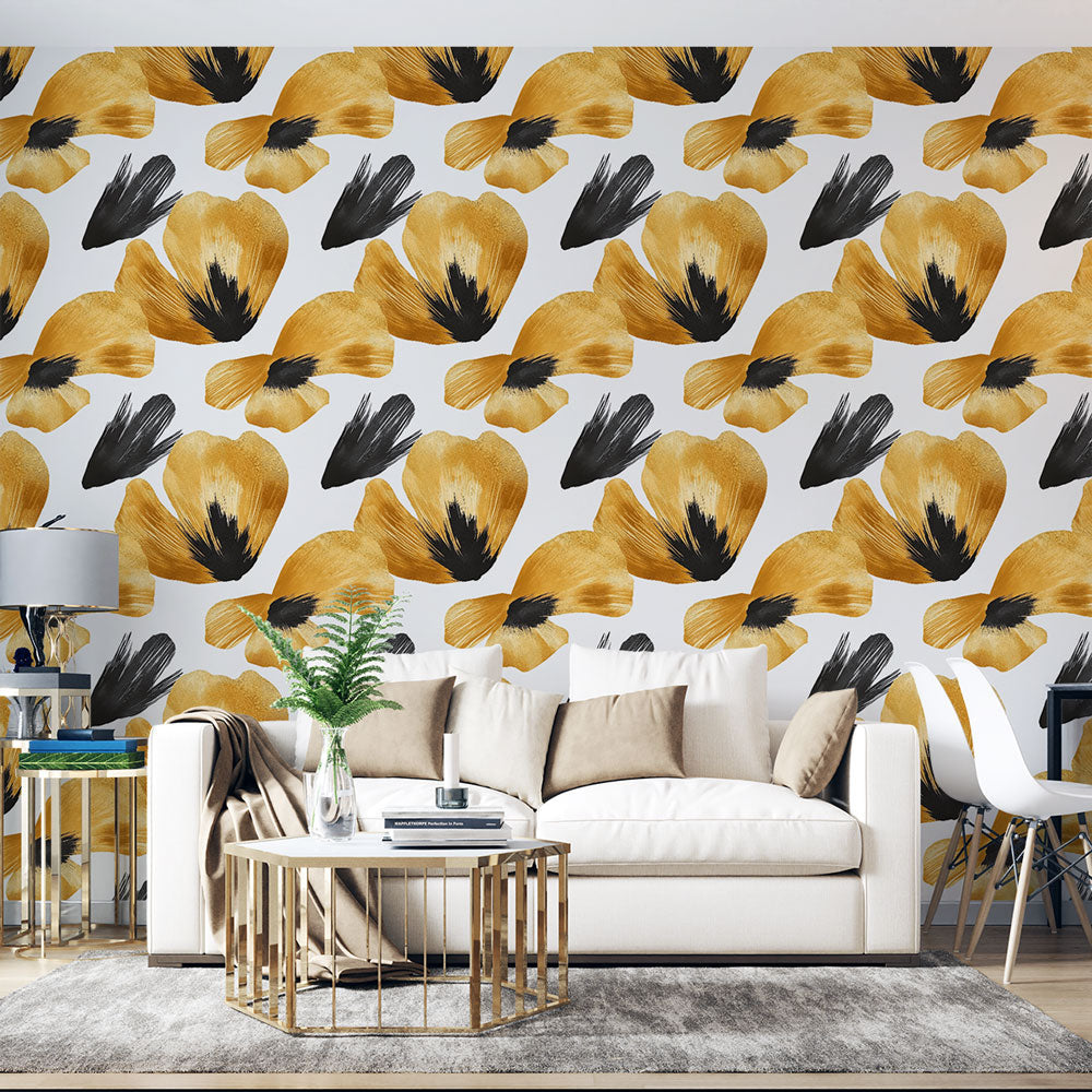 Gold Black Flowers Wallpaper | Stylised Floral Wall Mural White