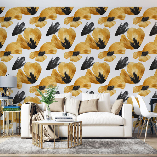 Gold Black Flowers Wallpaper | Stylised Floral Wall Mural White