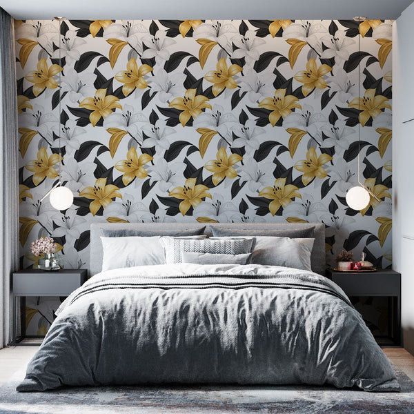 Gold Flowers Wallpaper | White & Yellow Mural Black