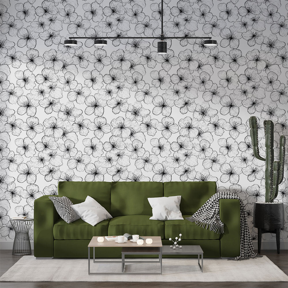 Watercolor Florals Black White Wallpaper Mural