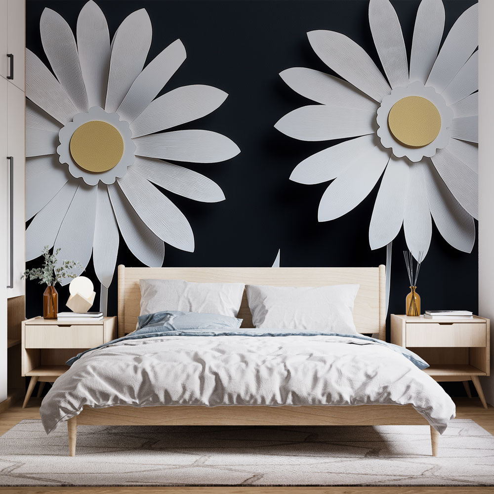 Paper Flowers Wallpaper | White Blooms Black Wall Mural