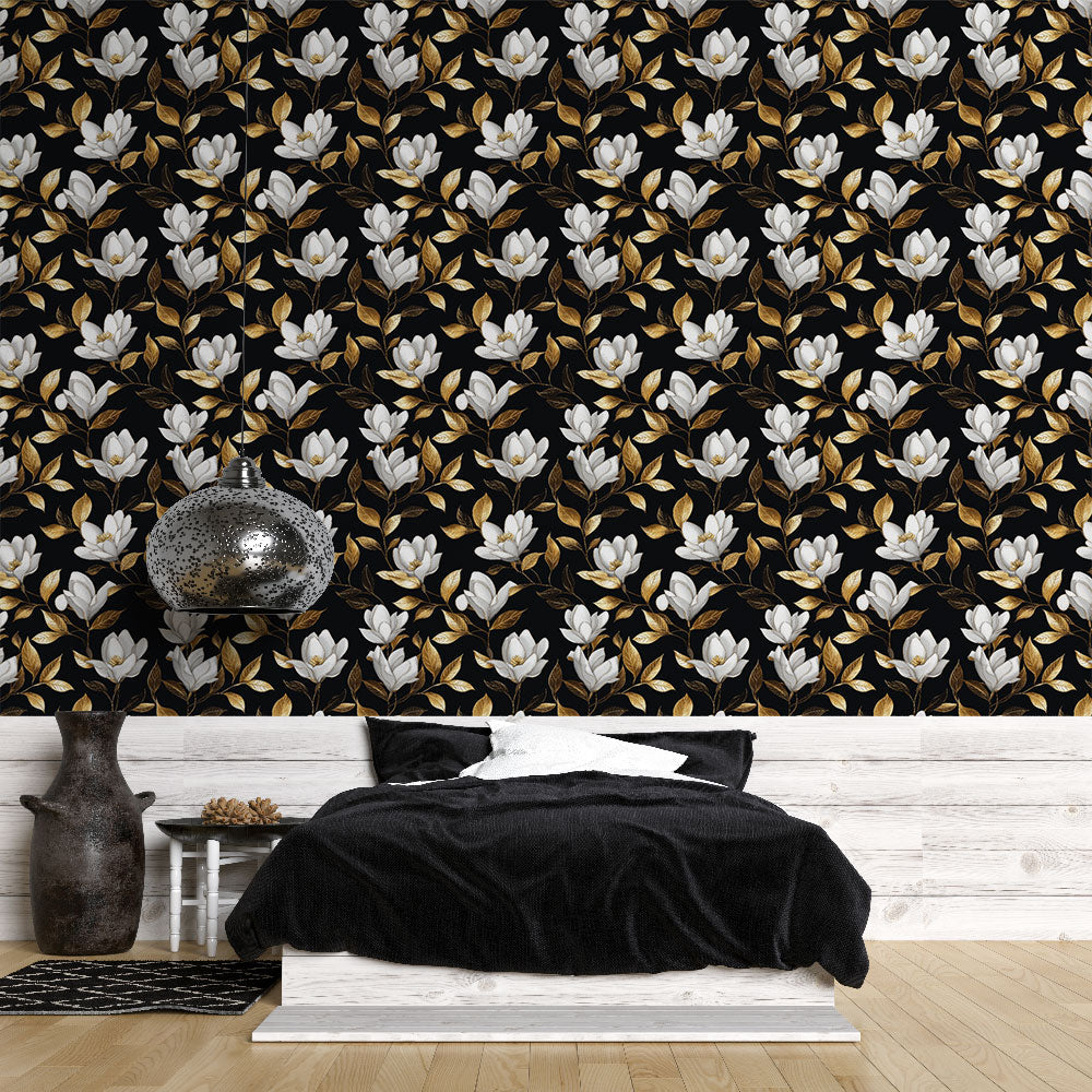 Flowers & Gold Leaves Wallpaper | Black Wall Mural