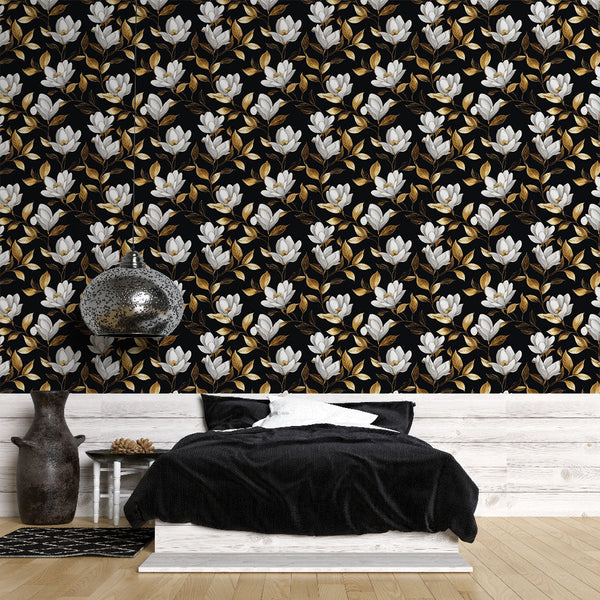 Flowers & Gold Leaves Wallpaper | Black Wall Mural