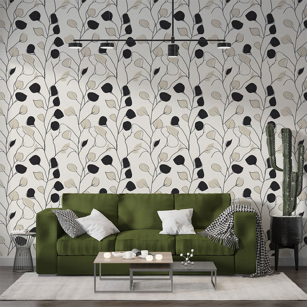 Black, Beige & White Floral Wallpaper | Leaf & Bloom Mural
