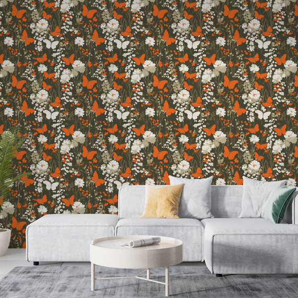 White Flowers and Orange Butterflies Wallpaper on Dark