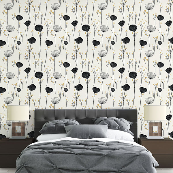 Black White Flowers and Stems Wallpaper on Cream