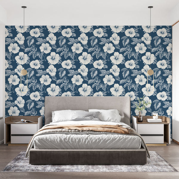 Hibiscus Wallpaper | White Blooms on a Navy Background