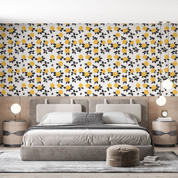 Yellow Floral Wallpaper | White & Black Wall Mural