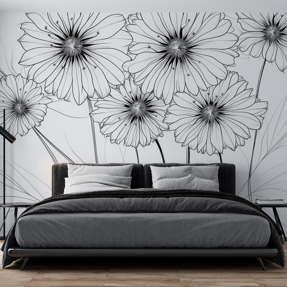 Line Art Flower Wallpaper | Monochrome Wall Mural