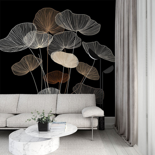Minimalist Botanical Wallpaper | Graphic Leaves on Black