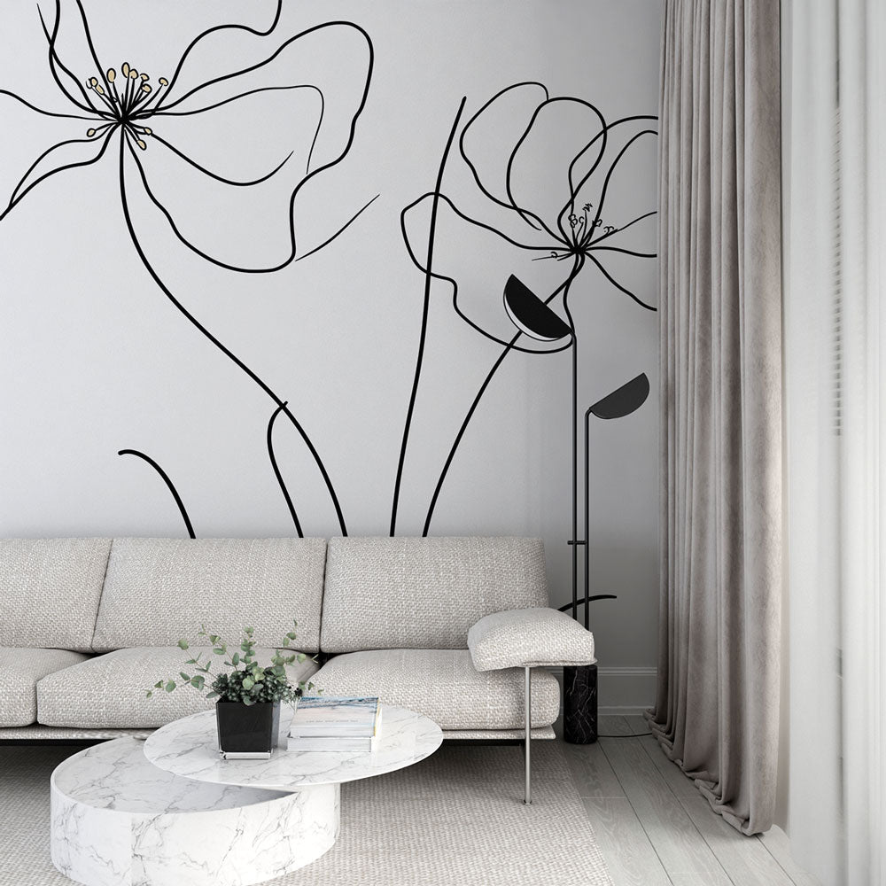 Minimalist Flowers Wallpaper | Black Line Wall Mural