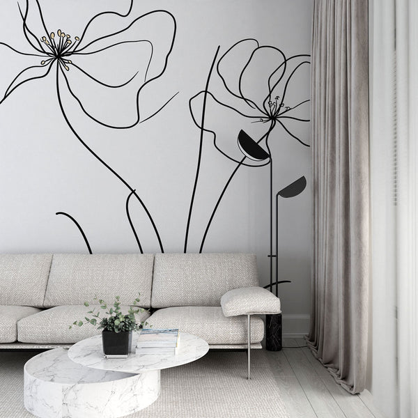 Minimalist Flowers Wallpaper | Black Line Wall Mural