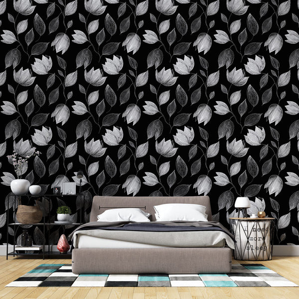 Monochrome Floral Wallpaper | White Flowers on Black Mural