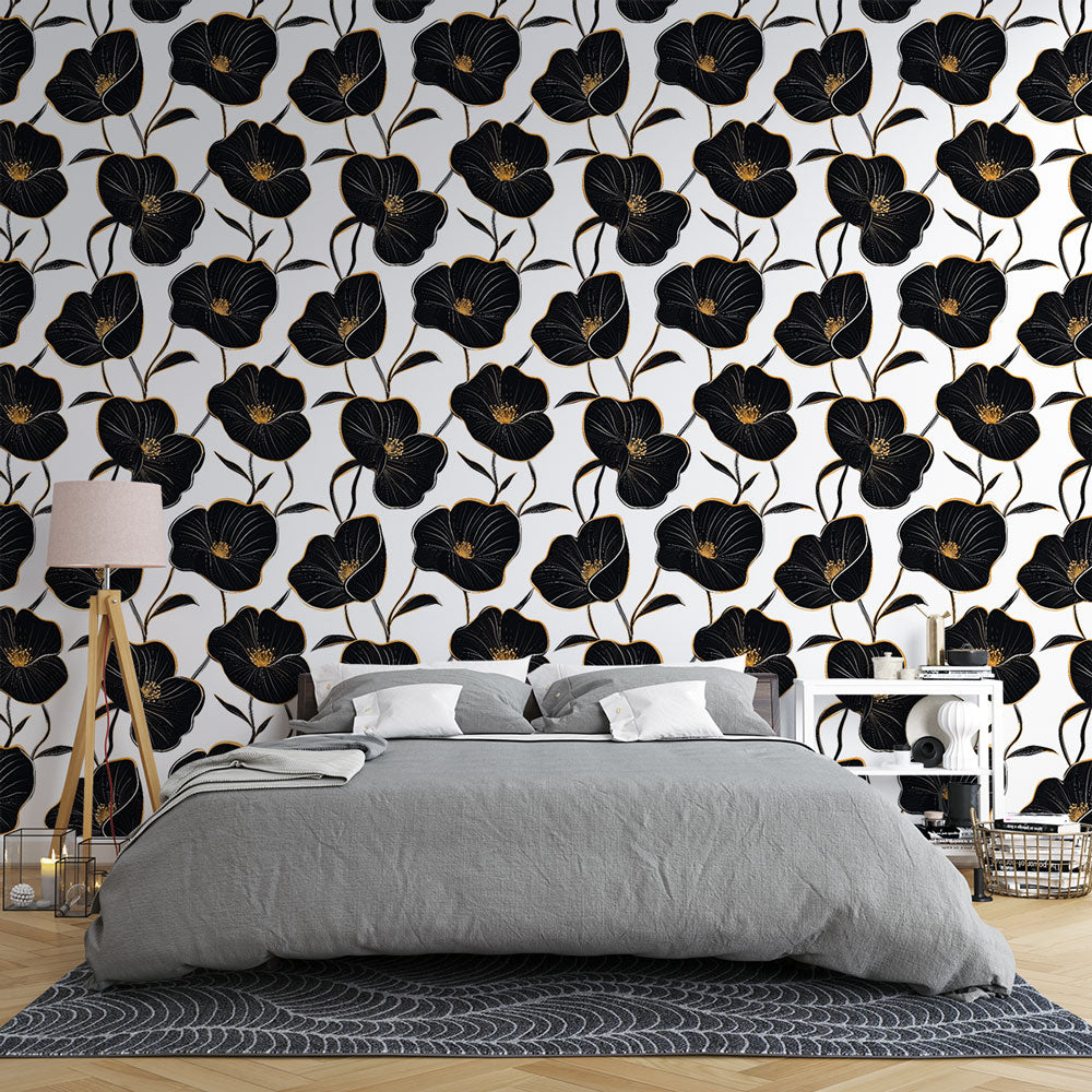 Black Floral Elegance Wallpaper | Gold Detail Wall Mural White