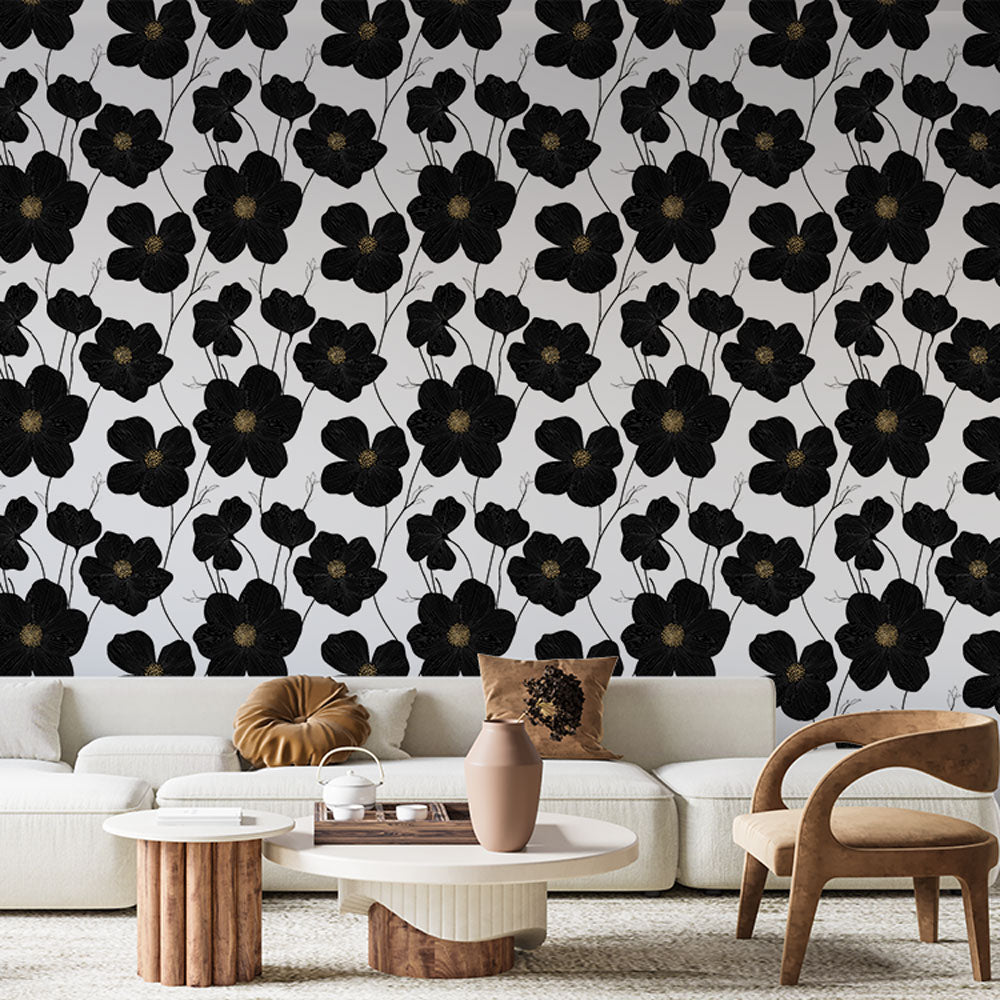 Elegant Black Floral Wallpaper | Dark Bloom Mural on White