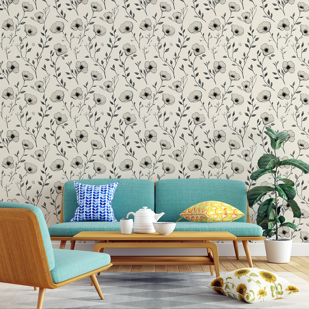 Black & White Floral Wallpaper | Cream Wall Mural