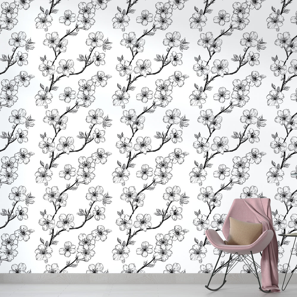 Black and White Floral Branches Wallpaper Wall Mural