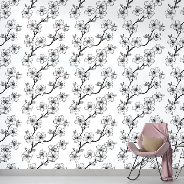 Black and White Floral Branches Wallpaper Wall Mural