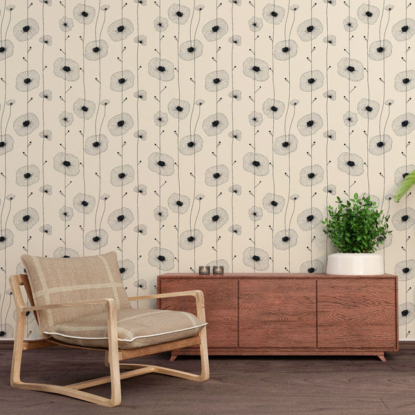 Sketched Poppy Wallpaper | Black Blooms on Cream Wall Mural