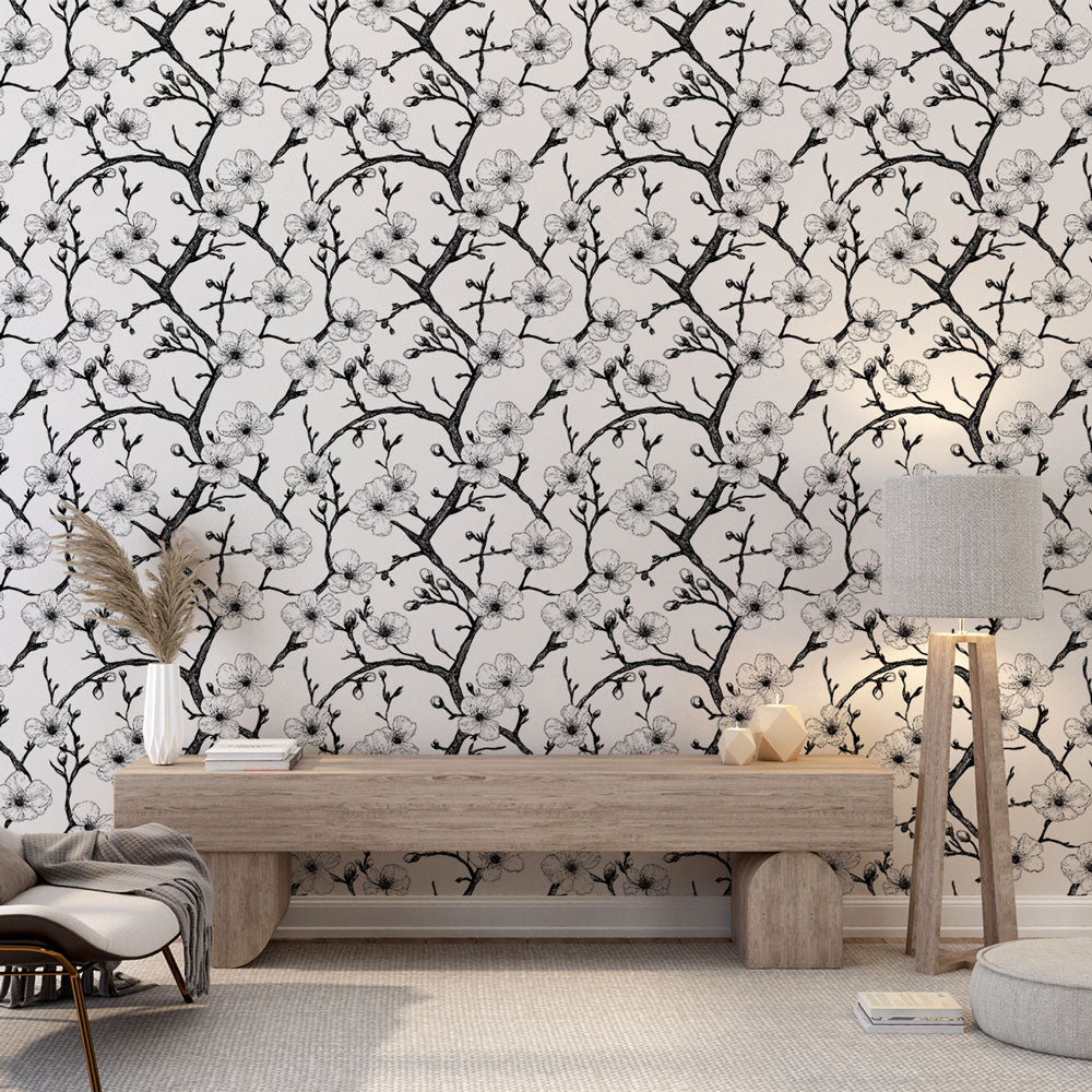 Black & White Floral Wallpaper | Blossoming Branches Mural