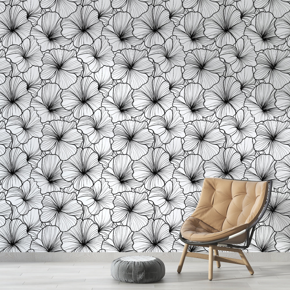 Black & White Detailed Flowers Wallpaper Wall Mural