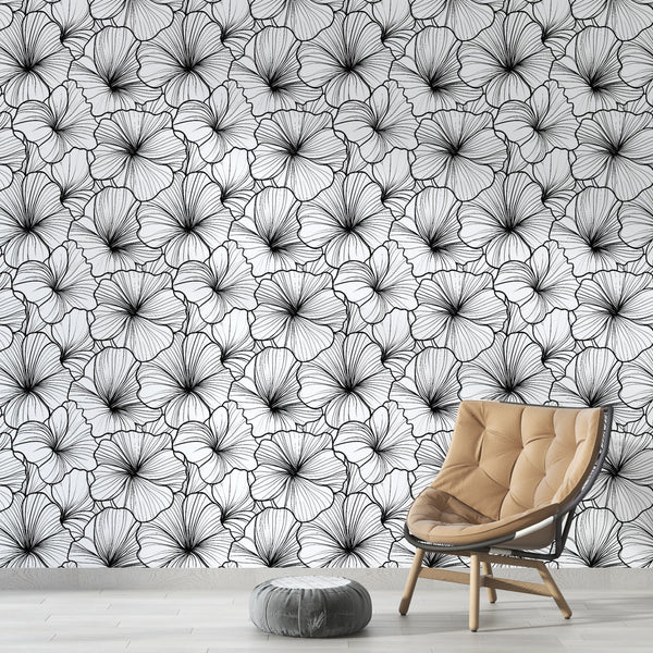 Black & White Detailed Flowers Wallpaper Wall Mural