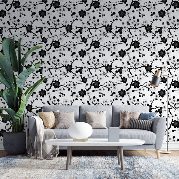 Watercolor Black Flowers White Wallpaper Mural