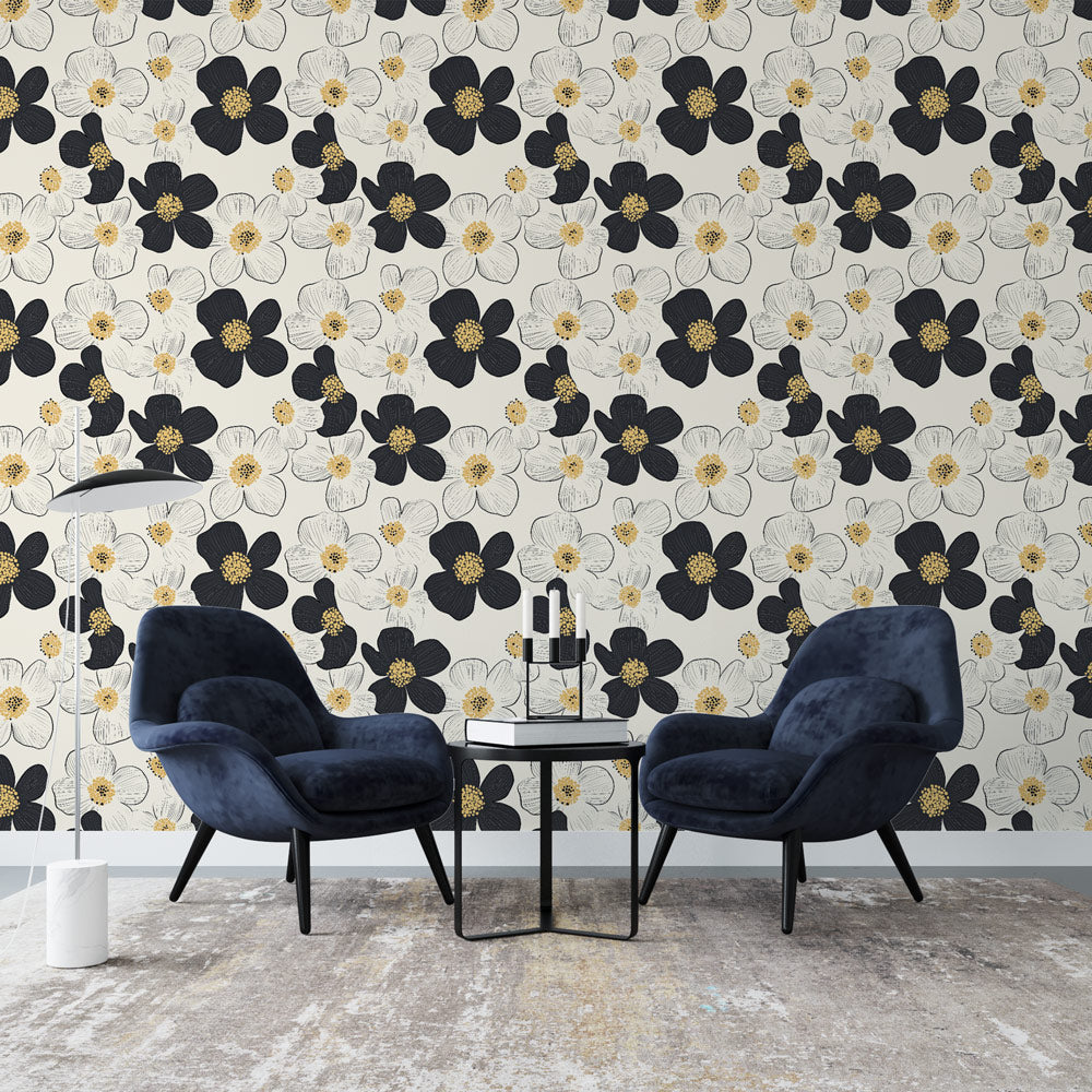 Black & White Floral Wallpaper with Gold Touches
