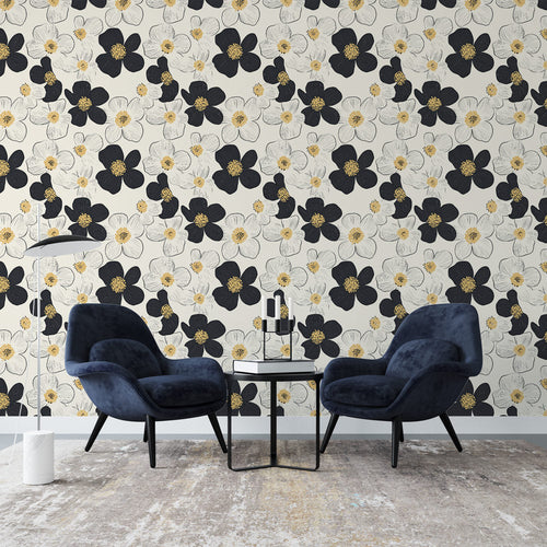 Black and white floral wallpaper with gold accent touches