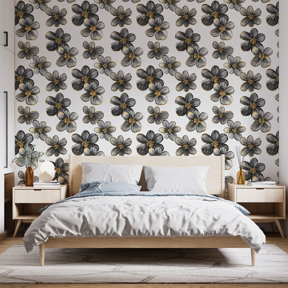 Black & Gold Flower Wallpaper with Sophisticated Motifs