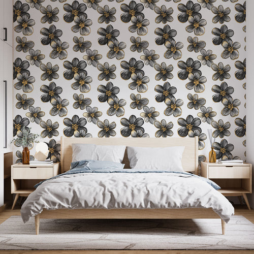 Sophisticated black and gold flower wallpaper with floral motifs on white