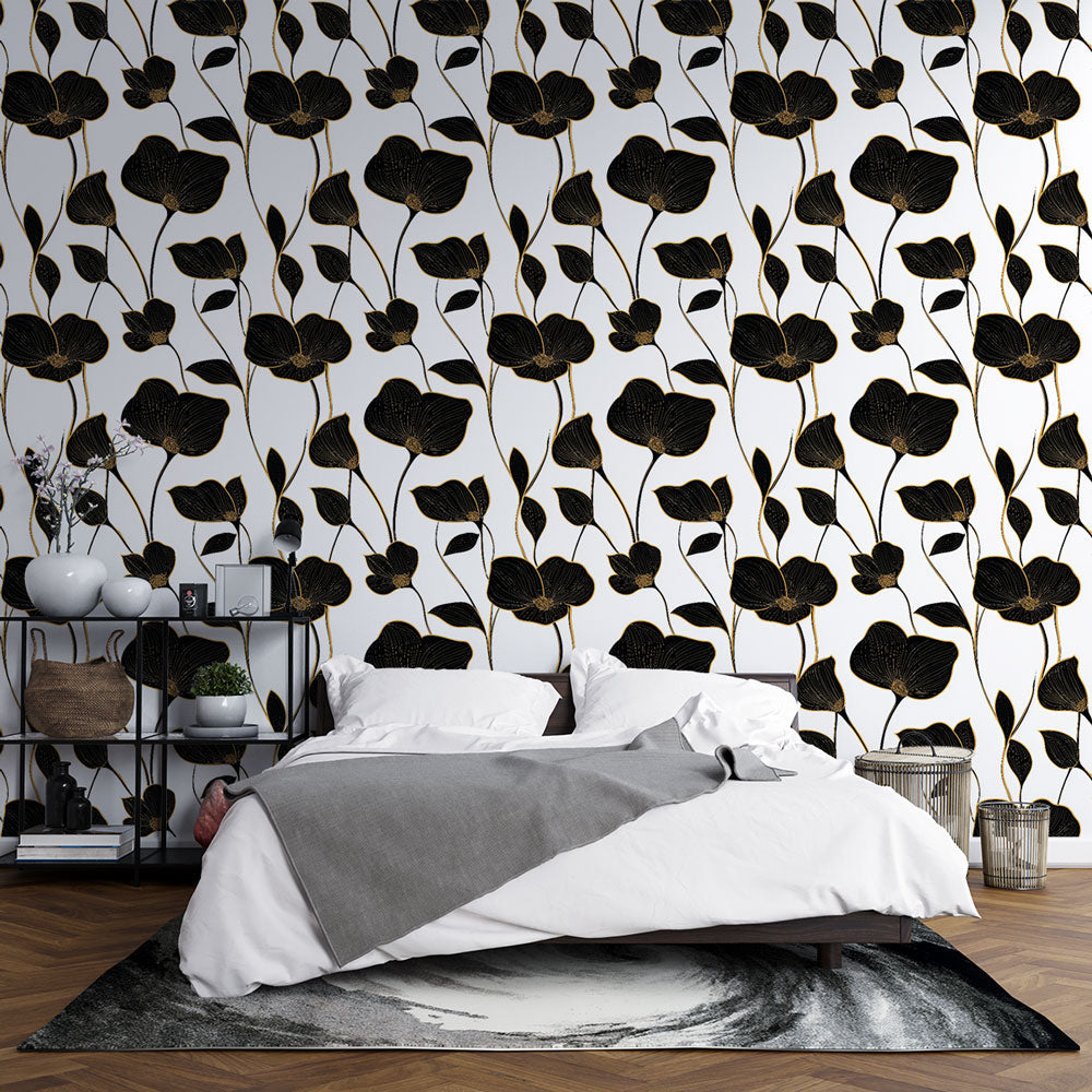 Stylised Black Flowers Wallpaper | Elegant Wall Mural on White
