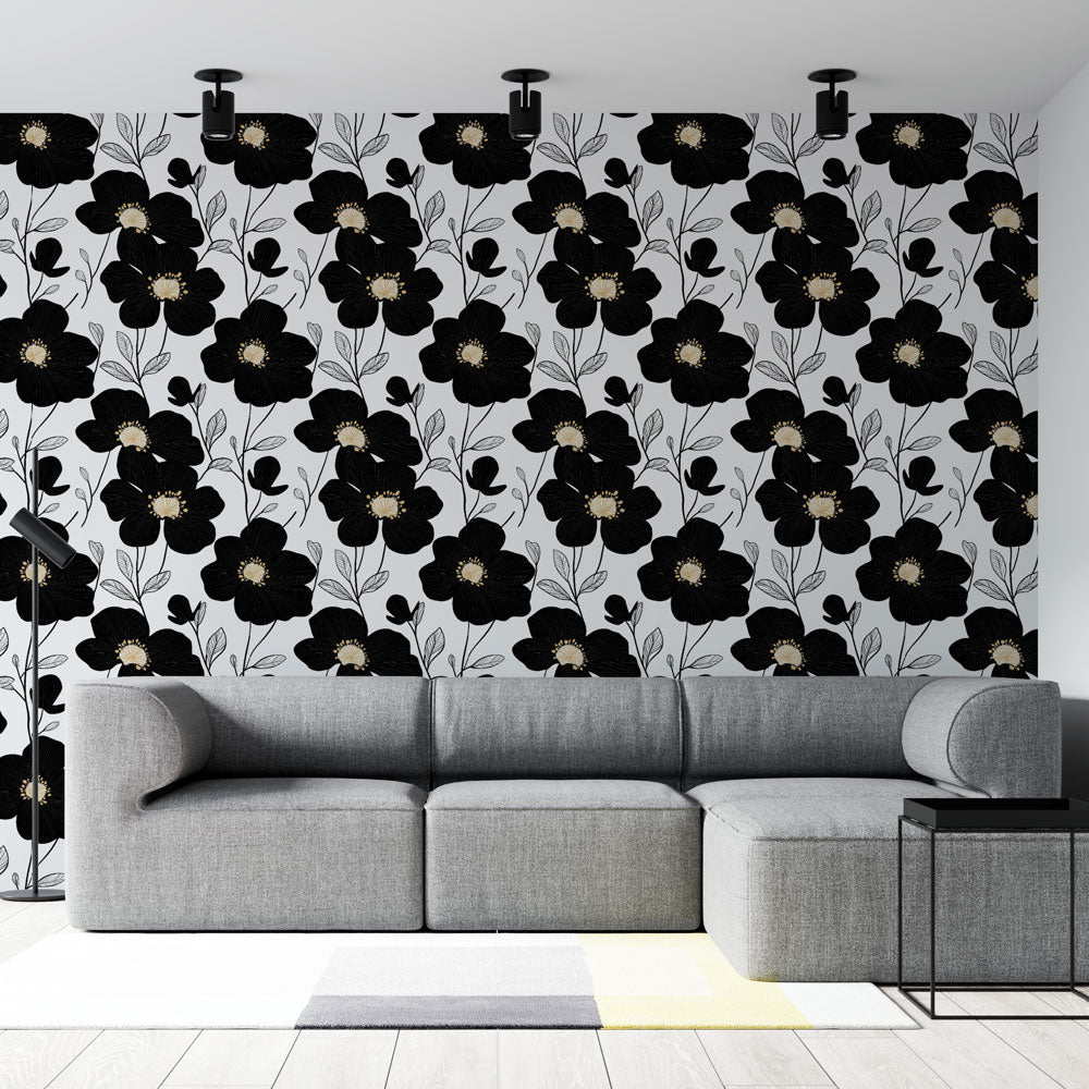Black Floral Wallpaper | Delicate Bloom Mural on White