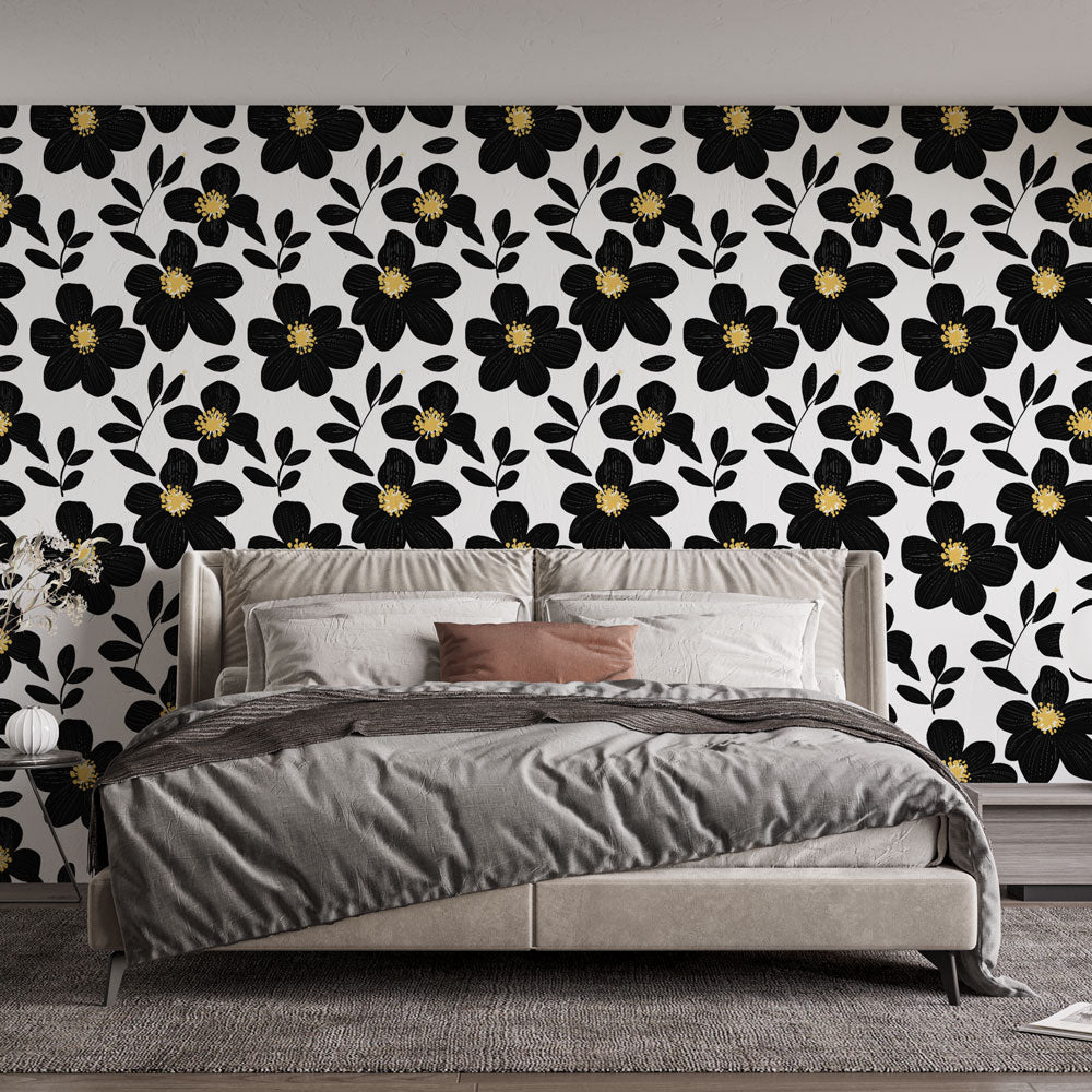 Black & Gold Bloom Wallpaper | Floral Mural on White