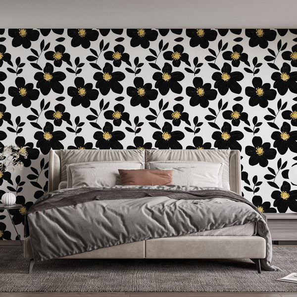 Black & Gold Bloom Wallpaper | Floral Mural on White
