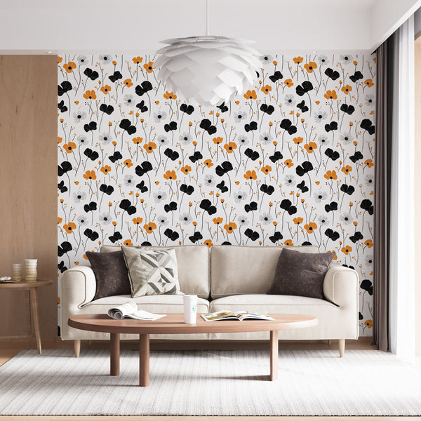 Orange Black Floral Wallpaper | Dynamic Wall Mural