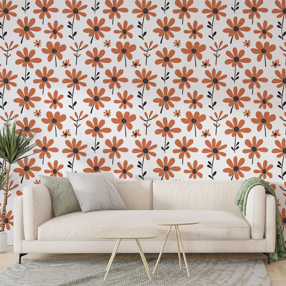 Orange Flowers Wallpaper | Black Leaves Wall Mural