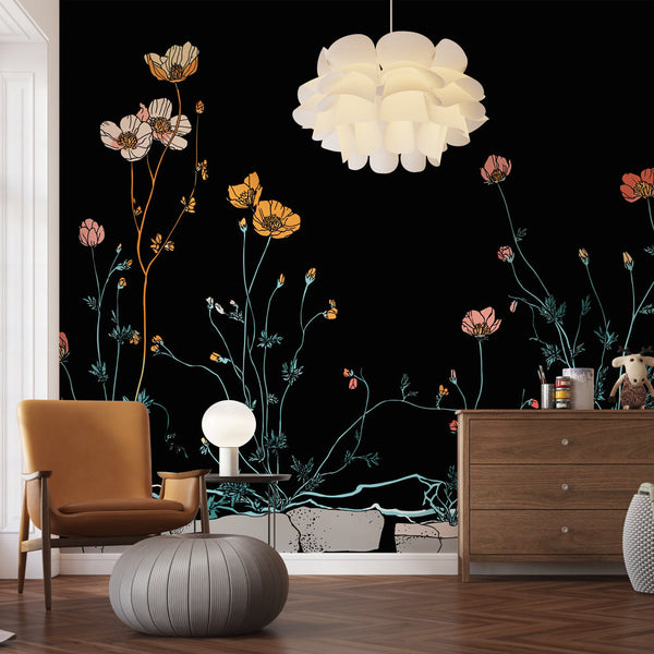 Wildflower Wallpaper | Delicate Outlined Blooms on Black