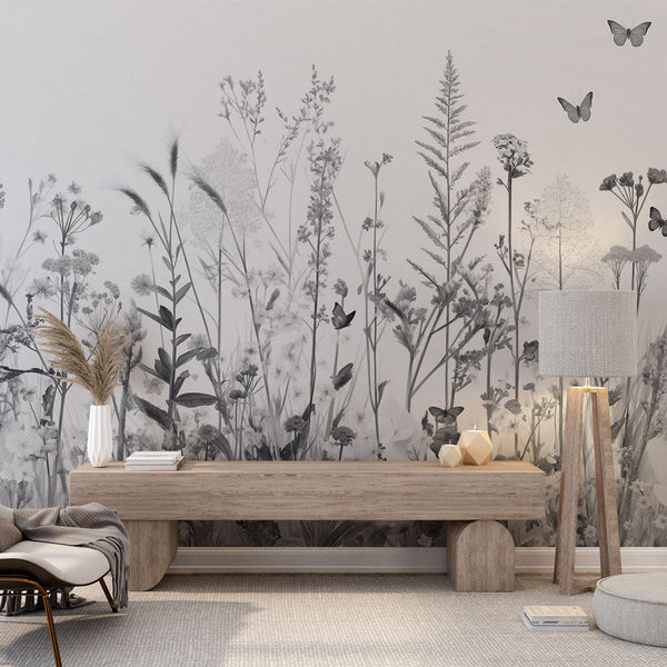 Black & White Wildflower Butterfly Wallpaper | Mural