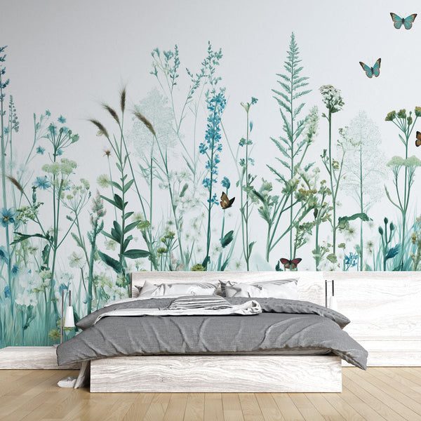 Seafoam Wildflower Butterfly Wallpaper | Mural