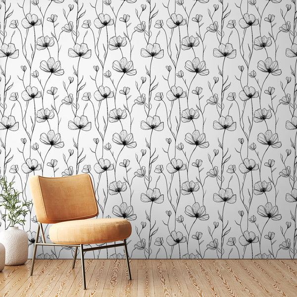 Hand-Drawn Flowers Wallpaper | Stylized Black Wall Mural