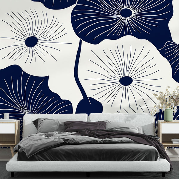 Marine Blue Floral Wallpaper | Elegant Stylized Blooms
