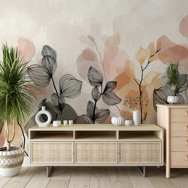 Abstract Floral Wallpaper | Black Line Pastel Wall Mural
