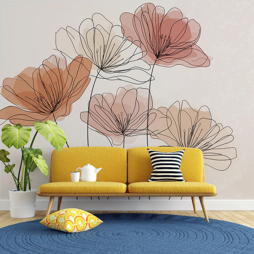 Abstract floral wallpaper with sketched pink and apricot flower outlines